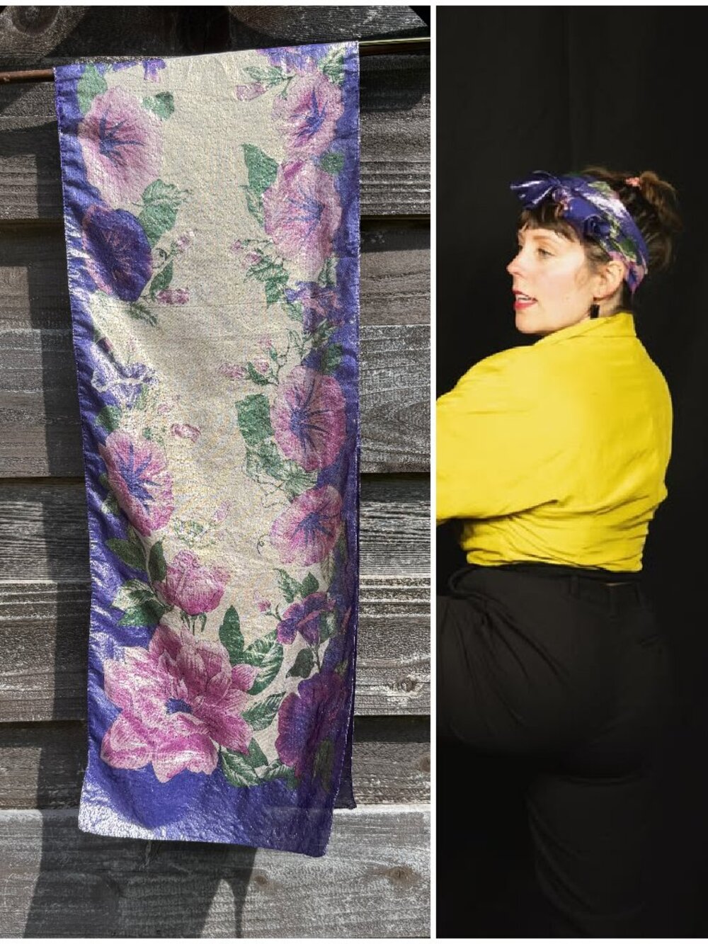 PRICE FIRM Vintage Iridescent Metallic Purple Pink Floral Scarf